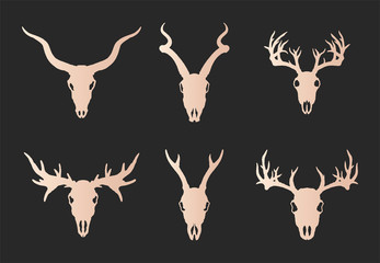 Vector set of six hand drawn gold silhouettes skulls of horned animals: stag, roe deer, moose and antelope on black background.
