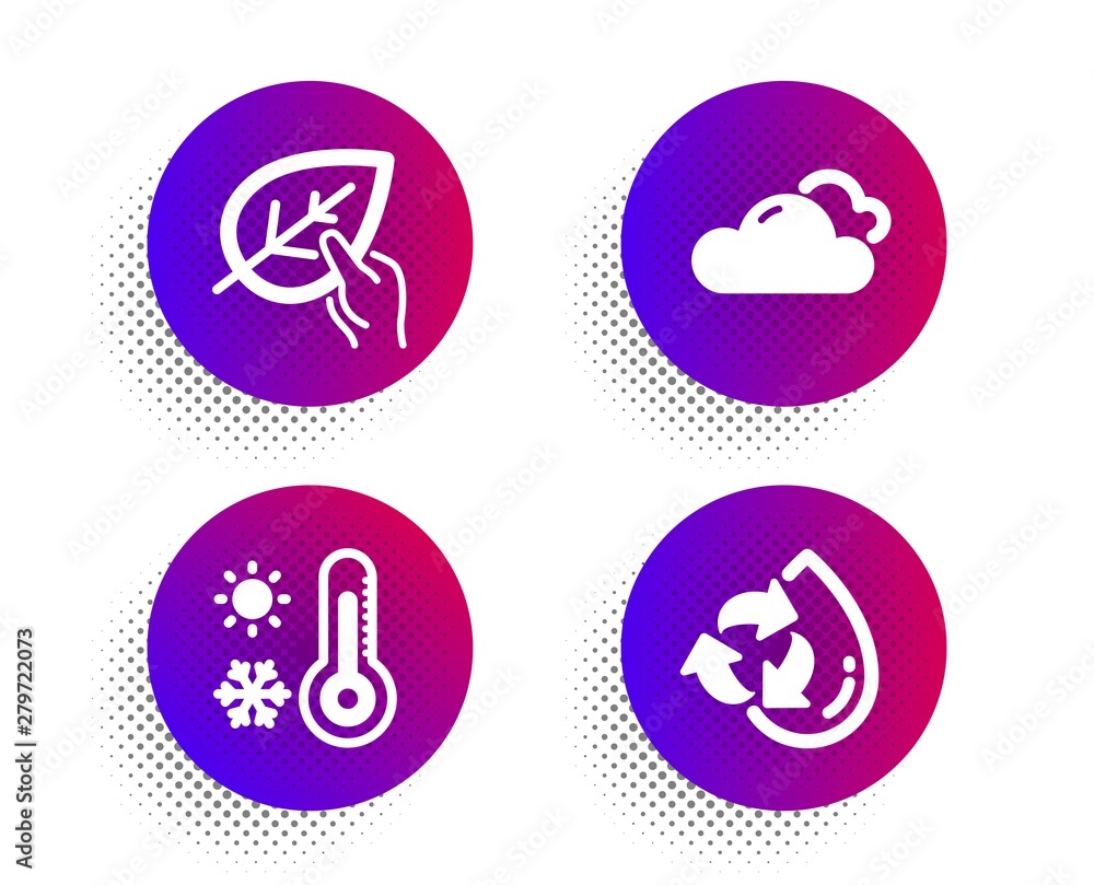 Poster organic tested, cloudy weather and weather thermometer icons simple set. halftone dots button. recyc