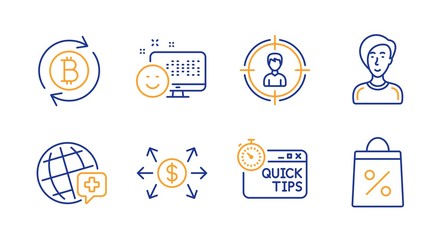 Dollar exchange, Refresh bitcoin and Smile line icons set. Quick tips, World medicine and Headhunting signs. Businesswoman person, Shopping bag symbols. Payment, Update cryptocurrency. Vector