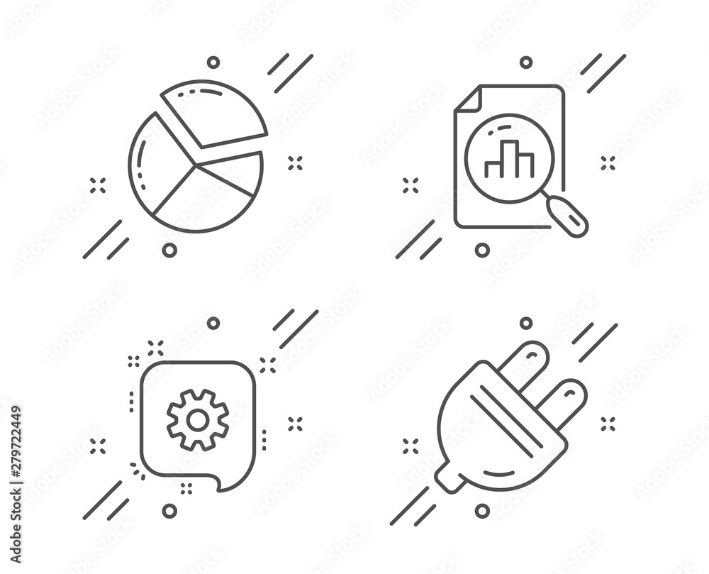 Poster cogwheel, pie chart and analytics graph line icons set. electric plug sign. engineering, presentatio