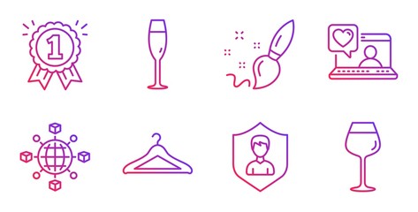 Friends chat, Paint brush and Reward line icons set. Champagne glass, Security agency and Logistics network signs. Cloakroom, Bordeaux glass symbols. Love, Creativity. Business set. Vector