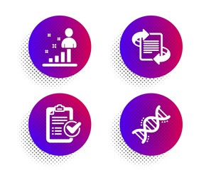 Survey checklist, Stats and Marketing icons simple set. Halftone dots button. Chemistry dna sign. Report, Business analysis, Article. Chemical formula. Education set. Vector