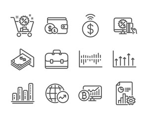 Set of Finance icons, such as Report, Online shopping, Portfolio, Bitcoin chart, Shopping cart, Graph chart, Buying accessory, Contactless payment, World statistics, Atm money line icons. Vector