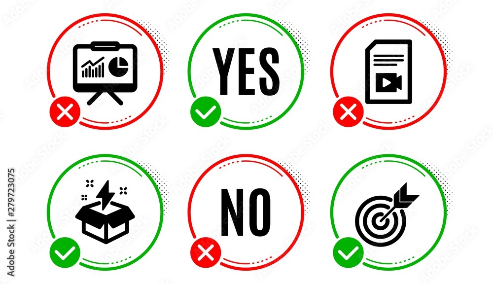 Aufkleber video file, presentation and creative idea icons simple set. yes no check box. target sign. vlog pag
