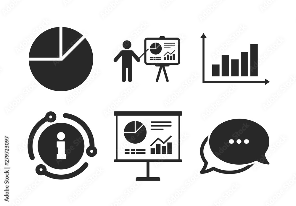 Poster presentation billboard symbol. chat, info sign. diagram graph pie chart icon. supply and demand. man