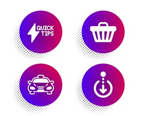Quickstart guide, Taxi and Shop cart icons simple set. Halftone dots button. Scroll down sign. Lightning symbol, Public transportation, Web buying. Swipe screen. Technology set. Vector
