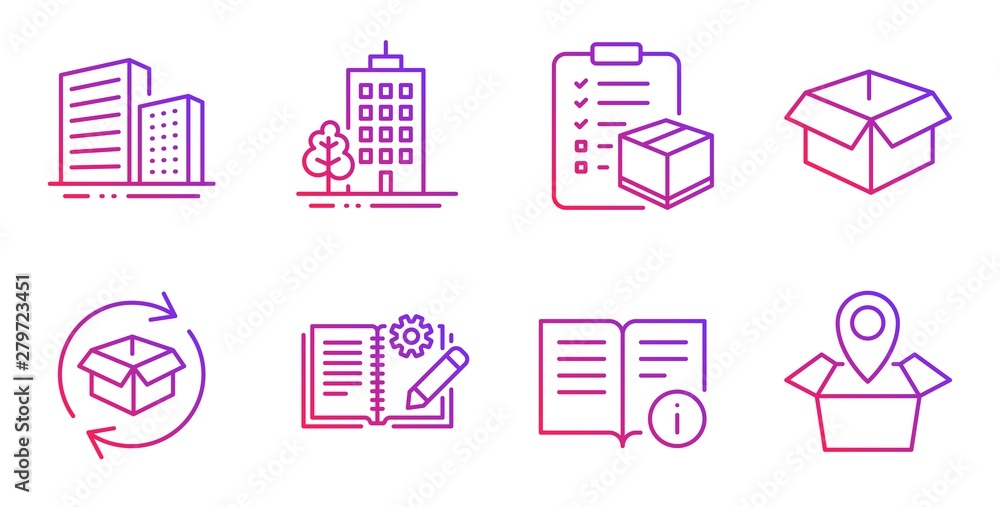 Poster technical info, skyscraper buildings and return parcel line icons set. engineering documentation, bu
