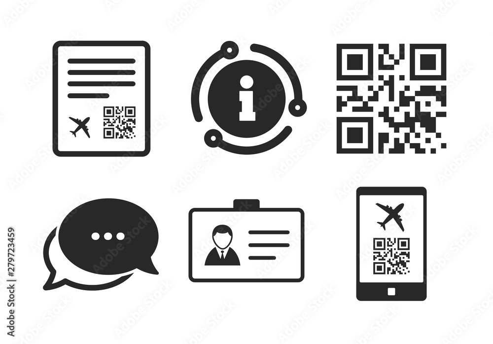 Aufkleber boarding pass flight sign. chat, info sign. qr scan code in smartphone icon. identity id card badge 