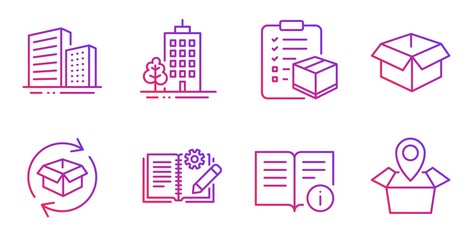 Technical info, Skyscraper buildings and Return parcel line icons set. Engineering documentation, Buildings and Parcel checklist signs. Opened box, Package location symbols. Vector