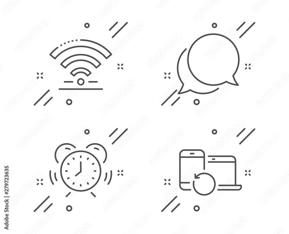 Poster wifi, time management and chat message line icons set. recovery devices sign. wireless internet, ala