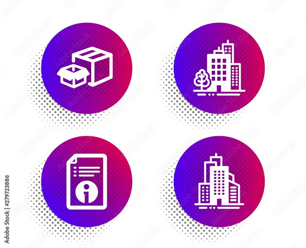 Poster buildings, technical info and packing boxes icons simple set. halftone dots button. skyscraper build