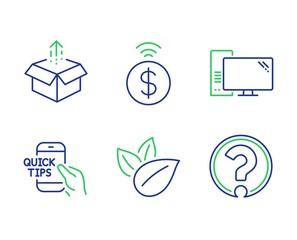 Contactless payment, Organic product and Computer line icons set. Send box, Education and Question mark signs. Financial payment, Leaves, Pc component. Delivery package. Technology set. Vector