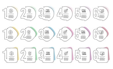 Fototapeta premium Faq, Seo laptop and Touch screen line icons set. Infographic timeline. Idea, Loan percent and Startup rocket signs. Web support, Search engine, Lightbulb. Discount. Technology set. Vector