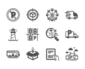 Set of Transportation icons, such as Search flight, Lighthouse, Parking place, Parcel invoice, No parking, Truck delivery, Ferris wheel, Get box, Bike rental, Bus tour, Parcel tracking. Vector