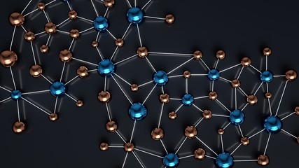 Network of interconnected units. Metallic spheres joined by light. 3D Illustration.