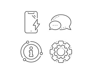 Smartphone charging line icon. Chat bubble, info sign elements. Phone charge sign. Mobile device energy symbol. Linear smartphone charging outline icon. Information bubble. Vector