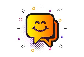 Happy emoticon chat sign. Halftone circles pattern. Smile face icon. Speech bubble symbol. Classic flat smile face icon. Vector