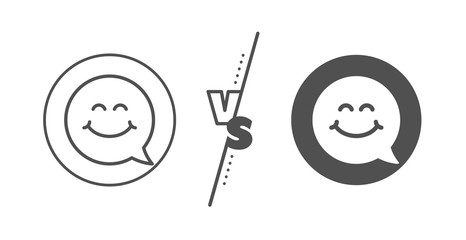 Happy emoticon chat sign. Versus concept. Smile face line icon. Speech bubble symbol. Line vs classic smile face icon. Vector