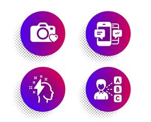 Brainstorming, Photo camera and Smartphone sms icons simple set. Halftone dots button. Opinion sign. Lightning bolt, Love photos, Mobile messages. Choose answer. Education set. Vector