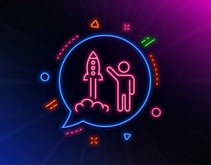 Launch project line icon. Neon laser lights. Startup rocket sign. Innovation symbol. Glow laser speech bubble. Neon lights chat bubble. Banner badge with launch project icon. Vector