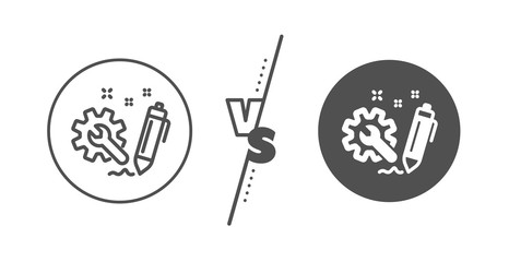 Cogwheel and Wrench tool sign. Versus concept. Engineering line icon. Line vs classic engineering icon. Vector