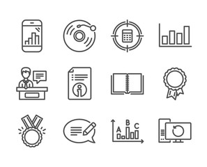 Set of Education icons, such as Message, Success, Report diagram, Survey results, Recovery computer, Technical info, Exhibitors, Calculator target, Vinyl record, Book, Graph phone, Honor. Vector