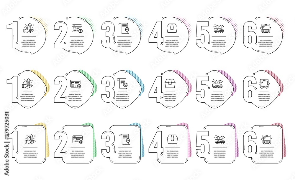Poster web settings, analysis graph and technical documentation line icons set. infographic timeline. truck