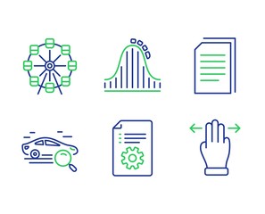 Copy files, Technical documentation and Ferris wheel line icons set. Search car, Roller coaster and Multitasking gesture signs. Copying documents, Manual, Attraction park. Find transport. Vector