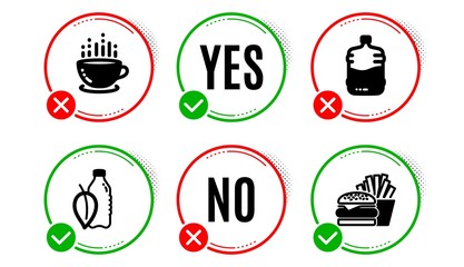 Cooler bottle, Coffee cup and Water bottle icons simple set. Yes no check box. Burger sign. Water drink, Hot drink, Cheeseburger. Food and drink set. Cooler bottle icon. Check mark. Vector