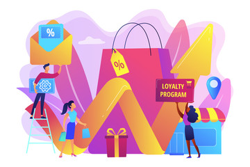 Rewards program. Marketing strategy. Retail promotion. Promotional mix, combination of promotional methods, best promotional tools concept. Bright vibrant violet vector isolated illustration