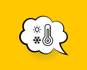 Weather thermometer line icon. Comic speech bubble. Winter snowflake, sun sign. Temperature symbol. Yellow background with chat bubble. Weather thermometer icon. Colorful banner. Vector
