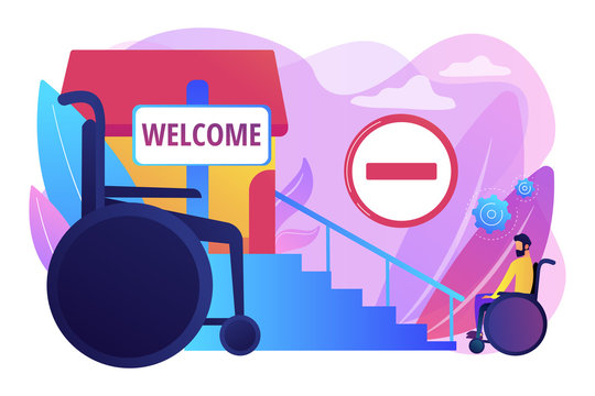 Structural obstacles. Prevent access, block mobility. Inaccessible environments, physical mobility barriers, problems of disabled people concept. Bright vibrant violet vector isolated illustration