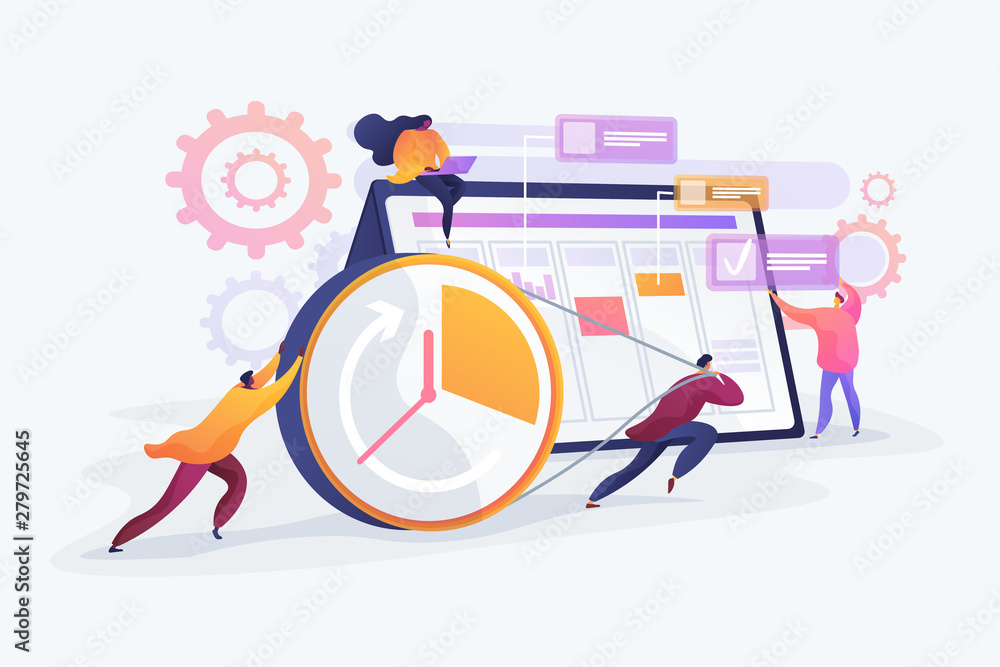 Poster workflow organization. teamwork process. deadlines respect. efficient workday. time management, effe