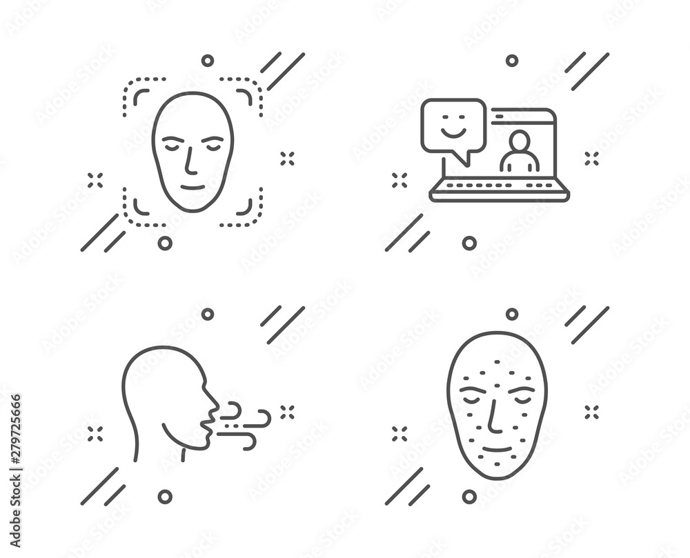 Poster smile, face detection and breathing exercise line icons set. face biometrics sign. laptop feedback, 