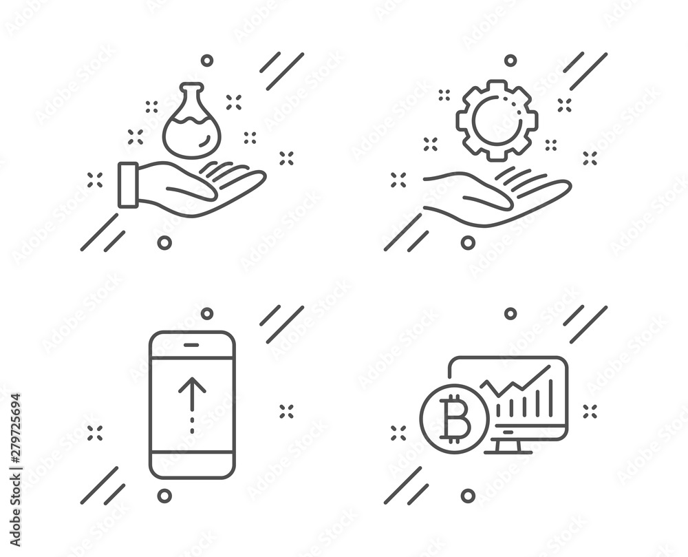 Poster swipe up, chemistry lab and employee hand line icons set. bitcoin chart sign. scrolling screen, labo