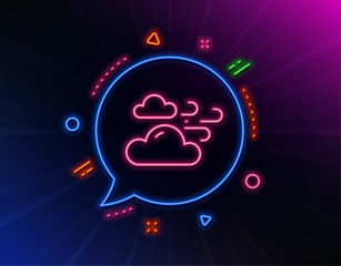 Windy weather line icon. Neon laser lights. Clouds with wind sign. Sky symbol. Glow laser speech bubble. Neon lights chat bubble. Banner badge with windy weather icon. Vector