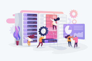 IT administrators working in server room. Service maintenance. System administration, network upkeeping, computer systems configuration concept. Vector isolated concept creative illustration