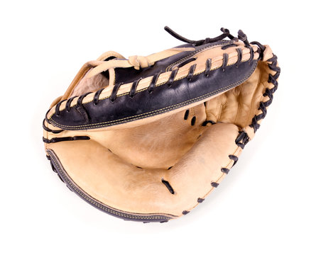Close up of baseball catcher's mitt isolated on white background