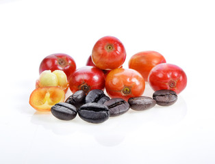 Red and black coffee beans on white background