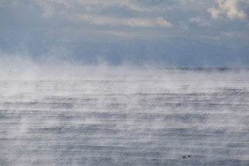 毛嵐が発生した冬の朝の海