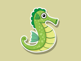 Vector Cute Cartoon Seahorse Sticker on color background. Vector Illustration With Cartoon Style Funny Sea Animal