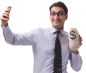 Young businessman with money sack isolated on white background