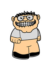 kleiner nerd grinsen mund monster zähne gesicht augen comic cartoon lustig hornbrille lesen bücher geek brille klebeband kaputt intelligent schlau cool freak clipart design logo