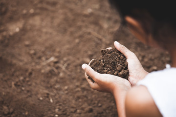 Child hand holding the soil in the heart shape prepare for plant the tree