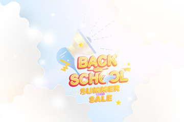 Back to School and Summer Sale. Original Font inscription with paper airplane against the sky with clouds. Vector education concept.