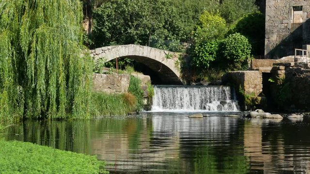 Ancient stone bridge over Este River in Portugal, with waterfall and overhanging willow tree. Beautiful summer scene.