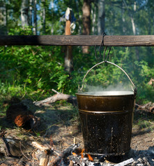In a bucket hanging on a stick over a fire, soup is cooked in the wild Northern forest of Yakutia at a halt in the afternoon among the vegetation.