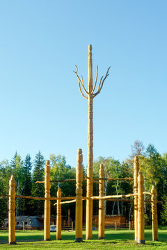 The religion of the Northern peoples of Yakutia - a symbol of the tree of life Al Luuk Mas stands wooden in the Park in the North of Russia in the forest in the Park in the village of ulus Suntar.
