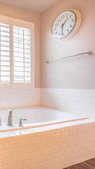 Vertical tall frame Built in bathtub and shower stall with glass door inside a bathroom