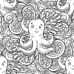 Sea creatures doodles vector seamless pattern with a cute octopus character. Black and white background.